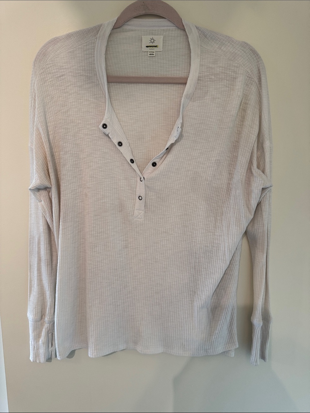 aerie Ribbed Ivory Long-Sleeve Henley Top with thumb holes